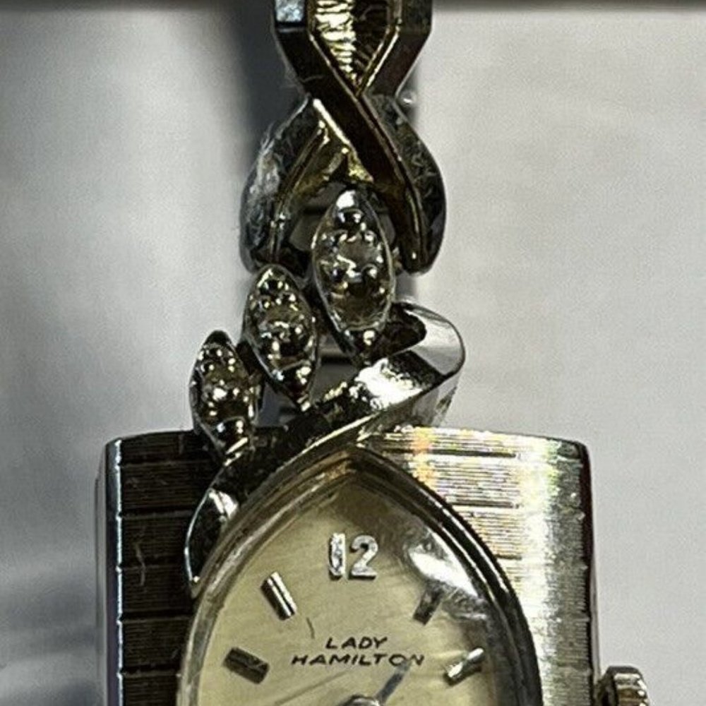 Antique 14k White Gold Natural 6 Diamonds Lady Hamilton Watch 14.5 Grams Working